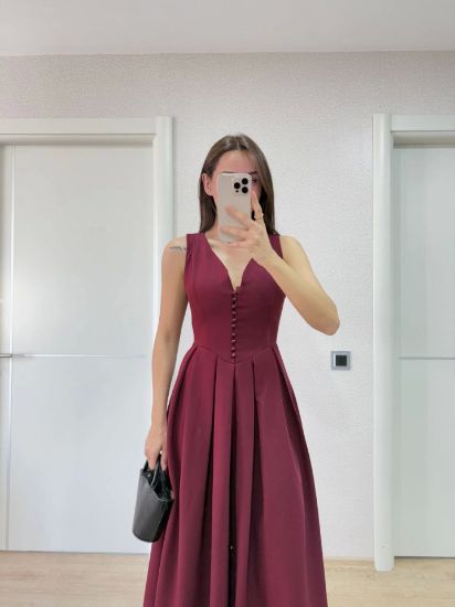 V Yaka Uzun Kolsuz Elbise- Bordo resmi